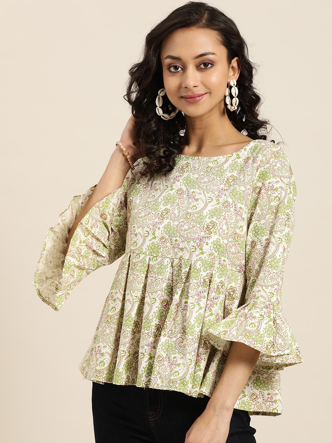 

Sangria Women Off White & Green Pure Cotton Ethnic Motif Printed Peplum Top