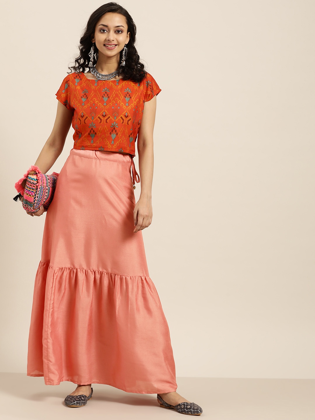 

Sangria Women Orange & Blue Printed Top with Skirt