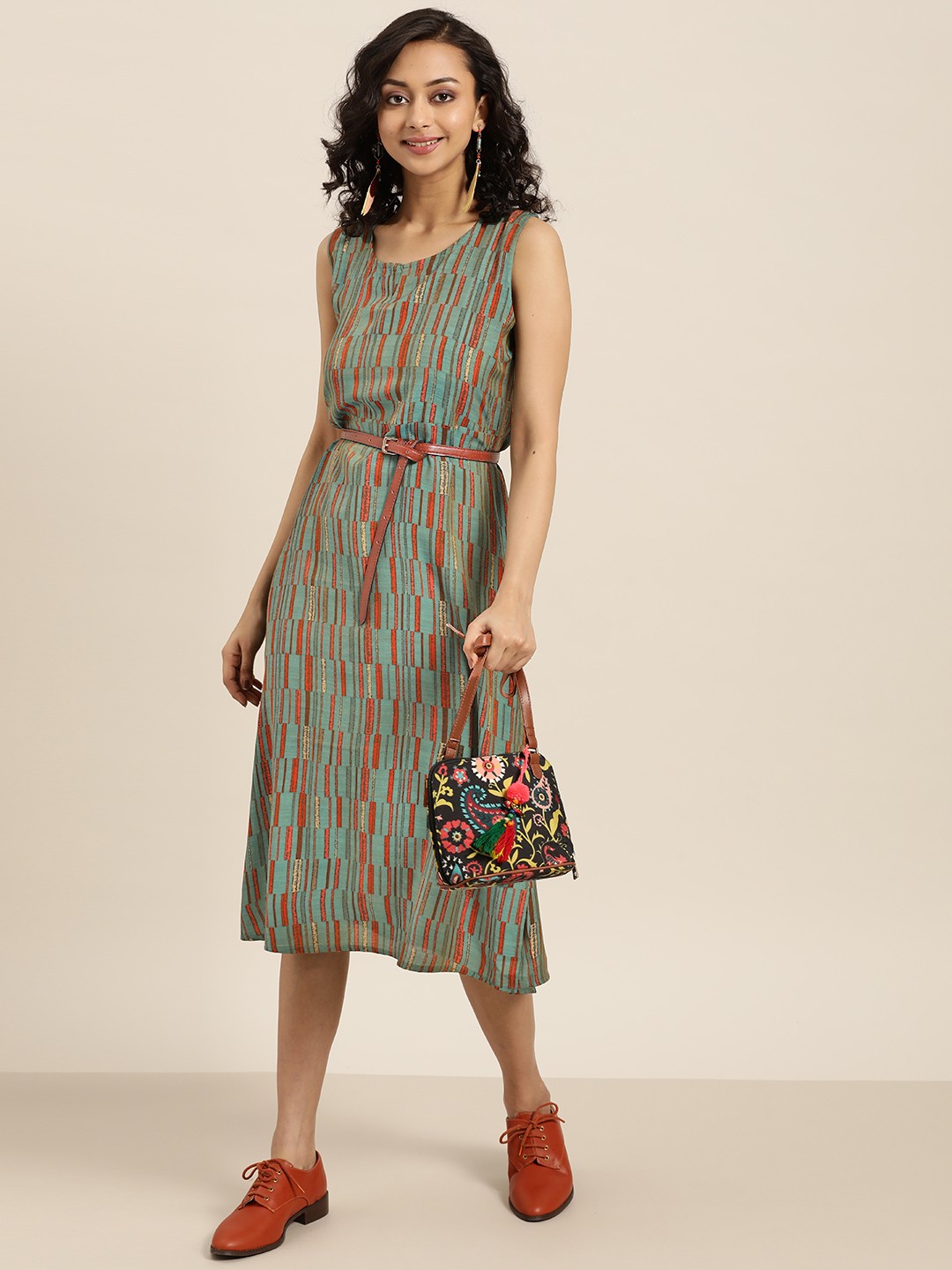 

Sangria Women Green & Rust Orange Striped A-Line Dress