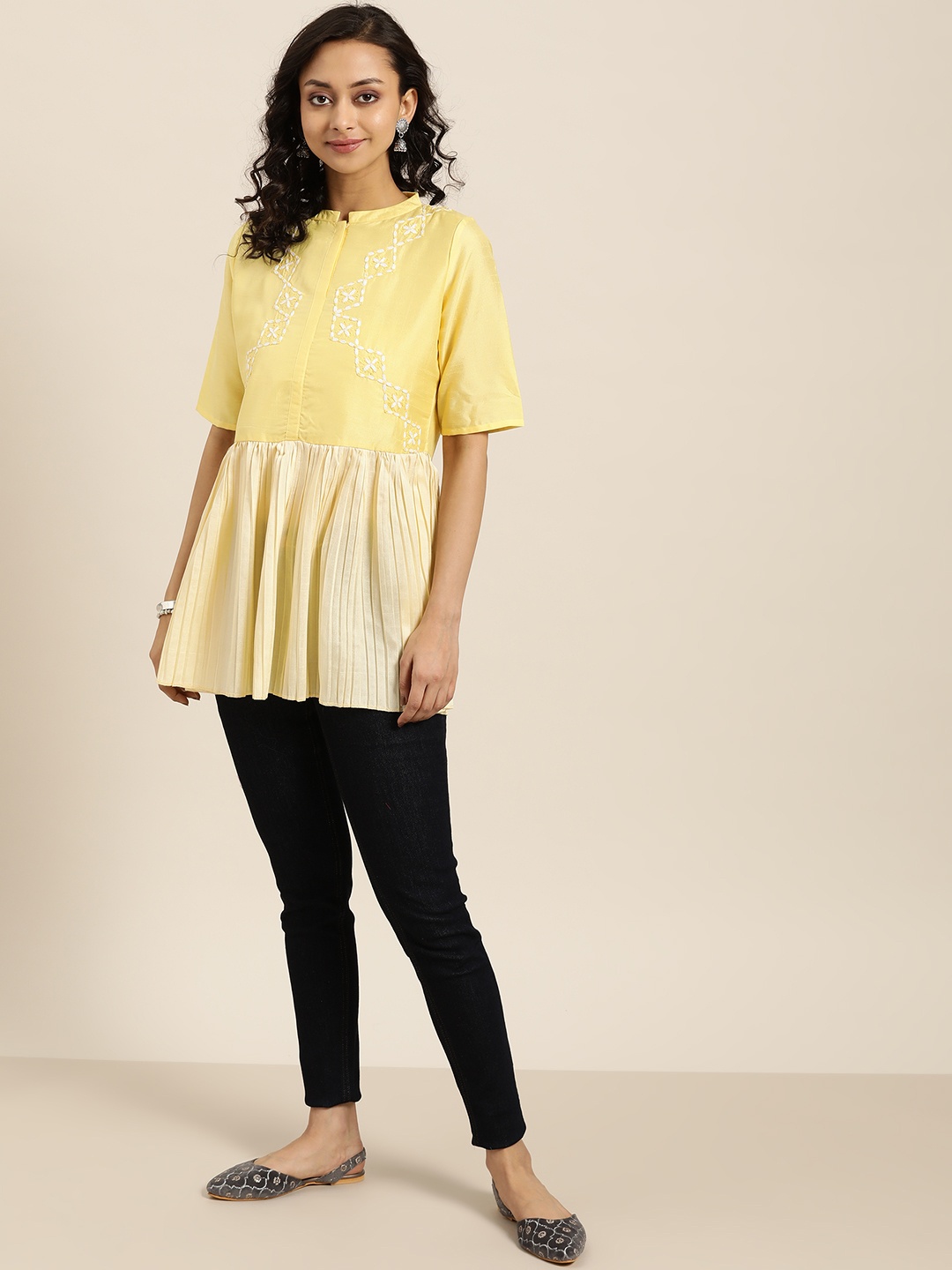 

Sangria Women Yellow & Beige Embroidered A-Line Top