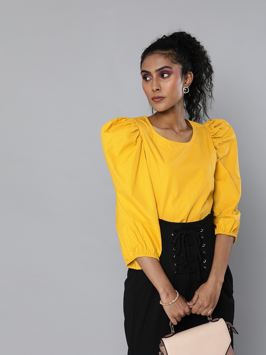 Scoup Women Mustard Yellow Solid Power Shoulders Regular Top