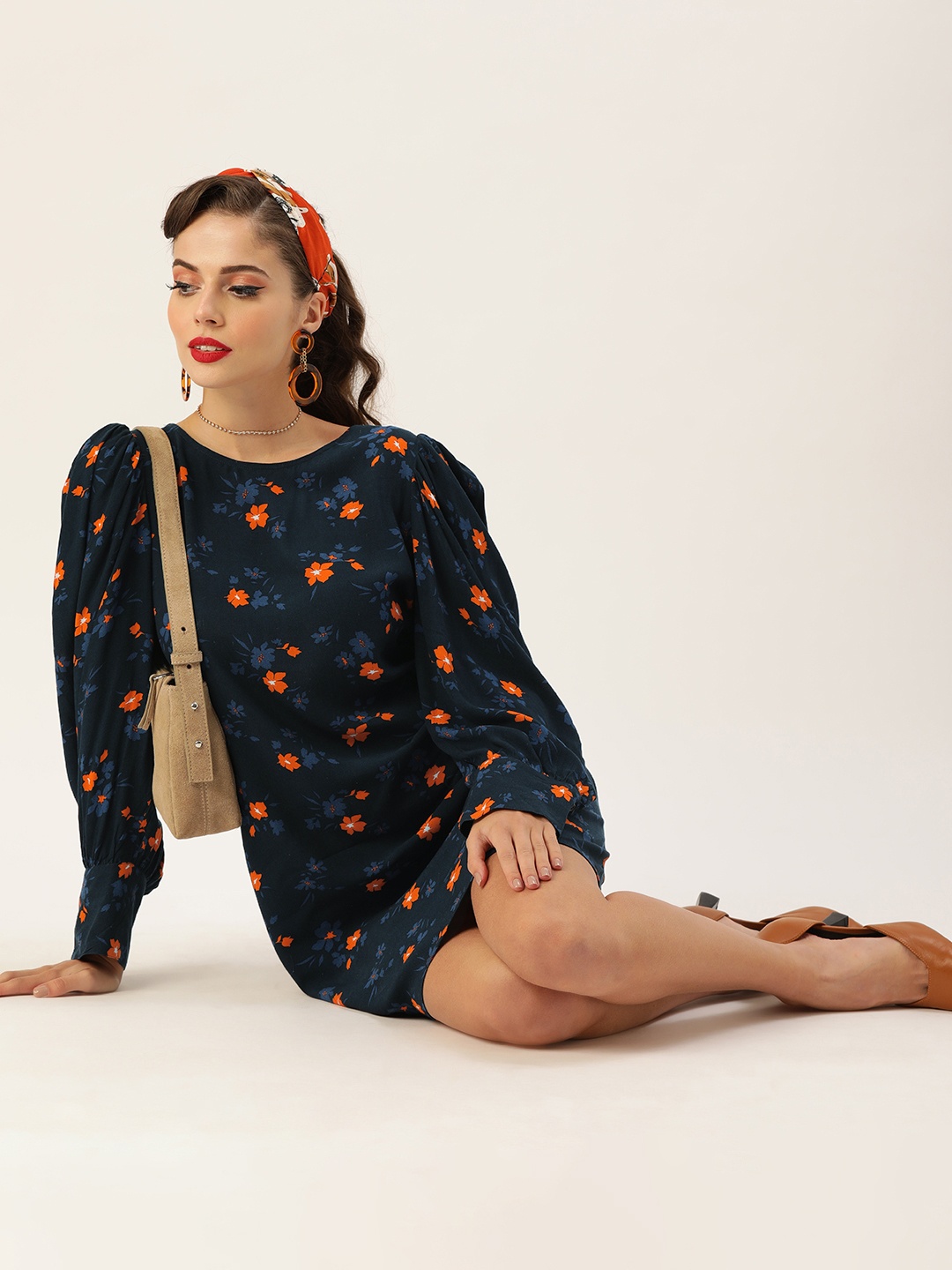 

Vaak Women Navy Blue & Orange Printed A-Line Dress