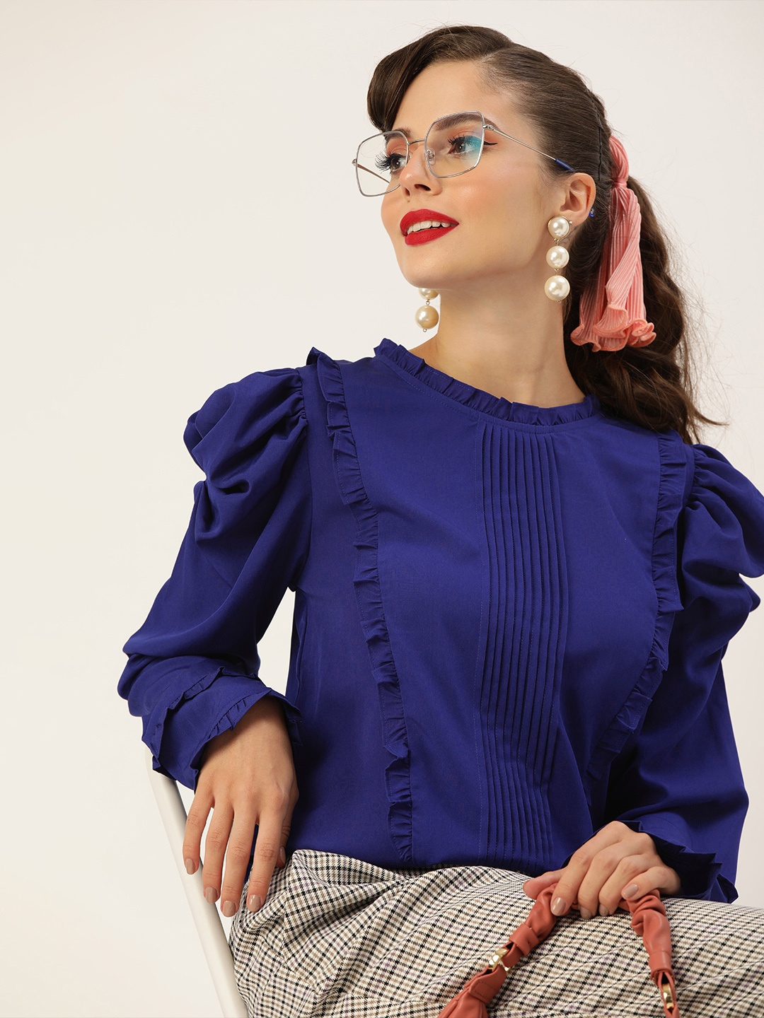 

Vaak Blue Puff Sleeves Regular Top