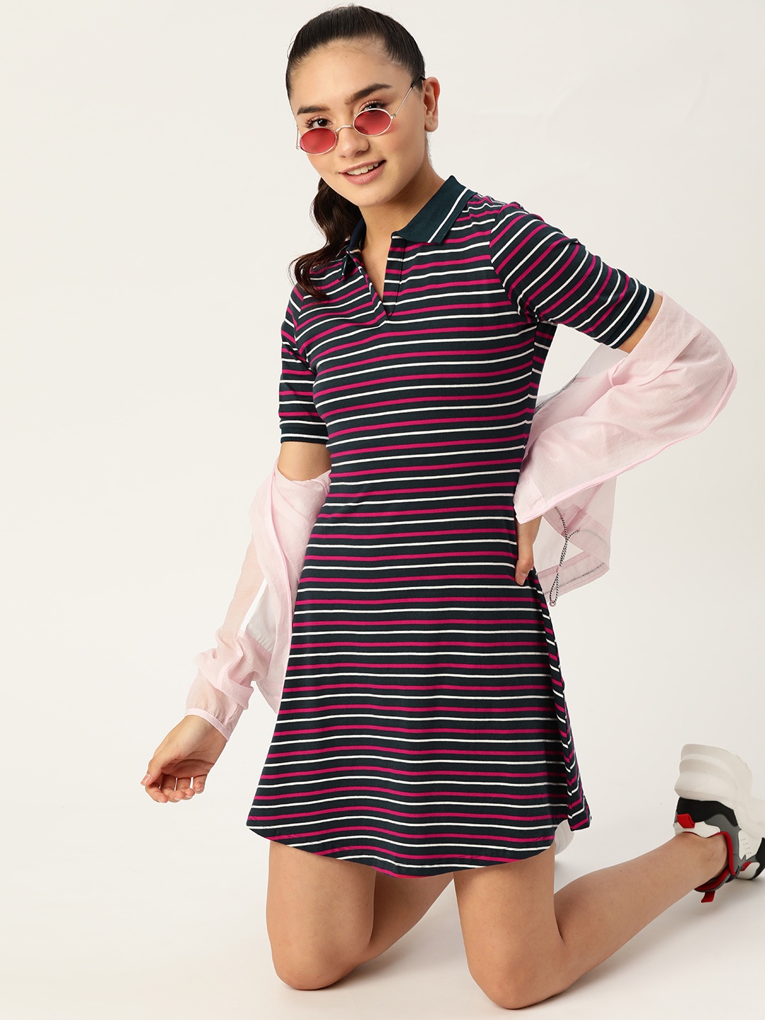 

DressBerry Navy Blue & Pink Pure Cotton Striped T-Shirt Dress