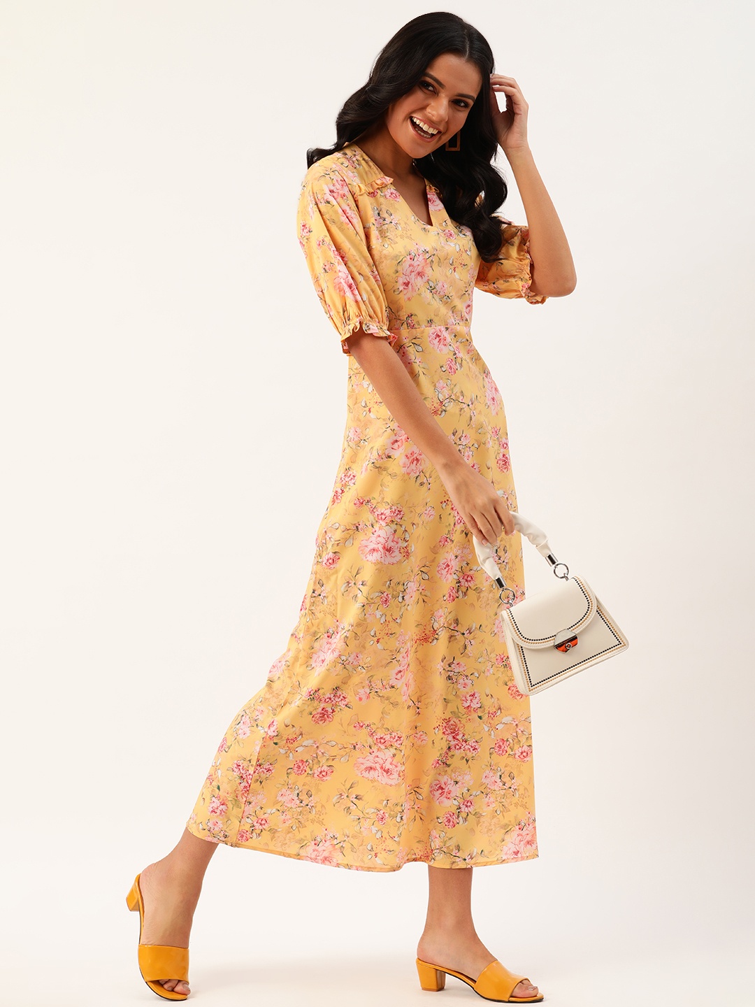

DressBerry Women Yellow & Pink Floral Printed Maxi Dress