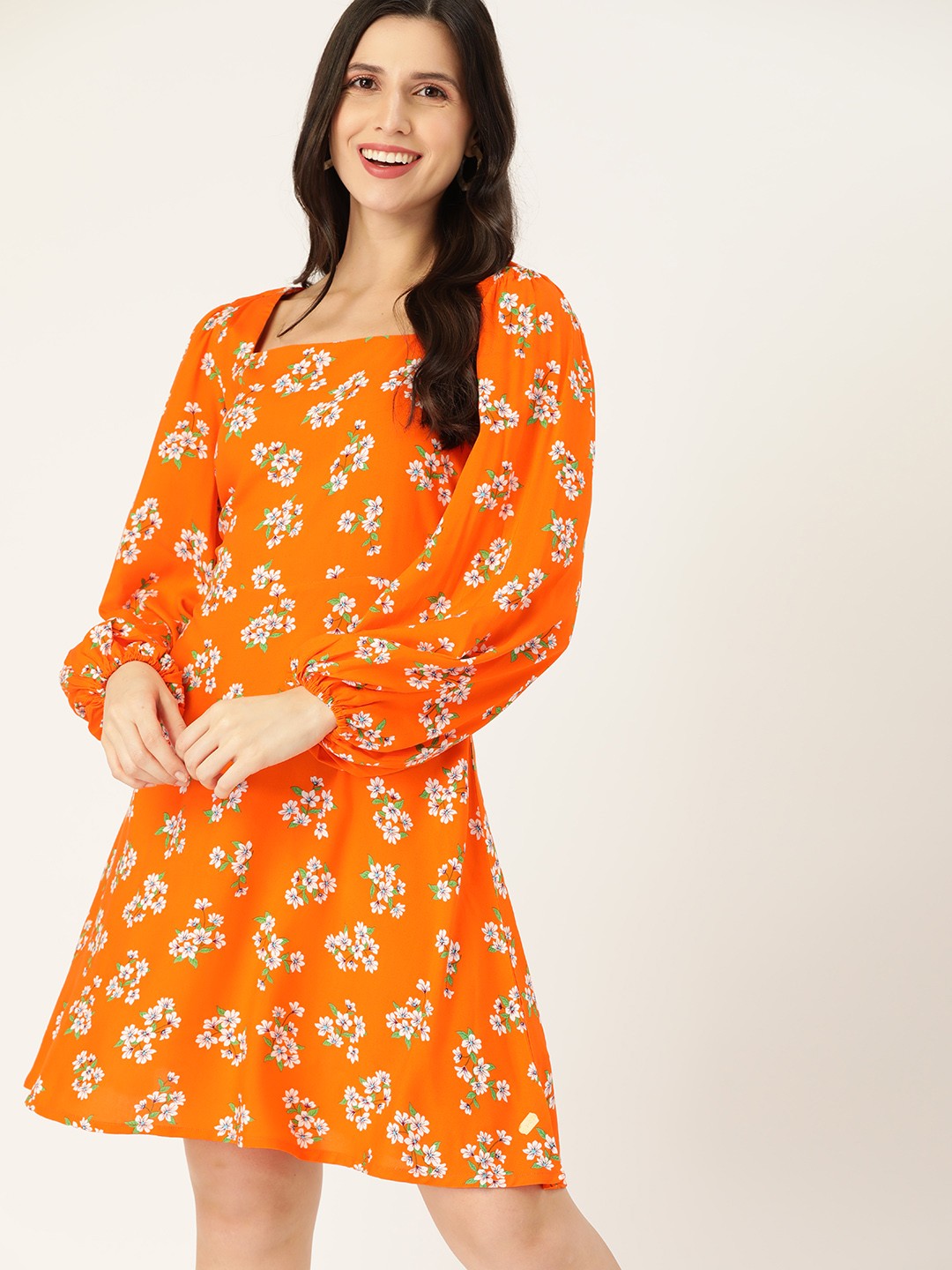 

DressBerry Orange & White EcoVero Sustainable Floral A-Line Dress