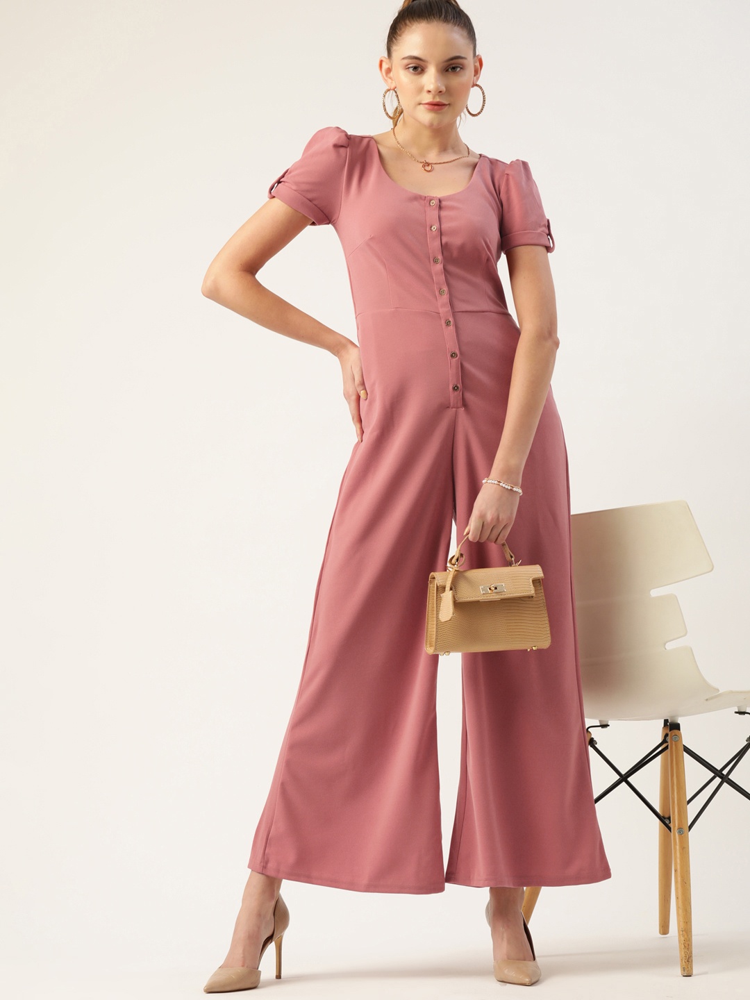 

DressBerry Dusty Pink Solid Basic Flared Jumpsuit, Rose