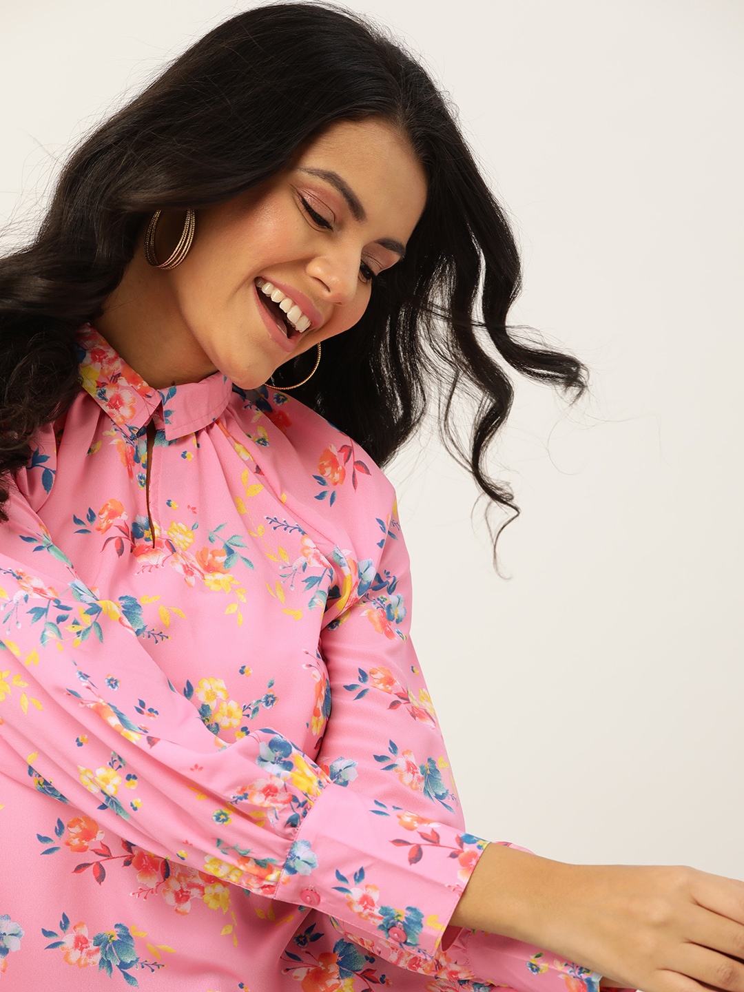 

DressBerry Pink & Yellow Floral Print Keyhole Neck Regular Top