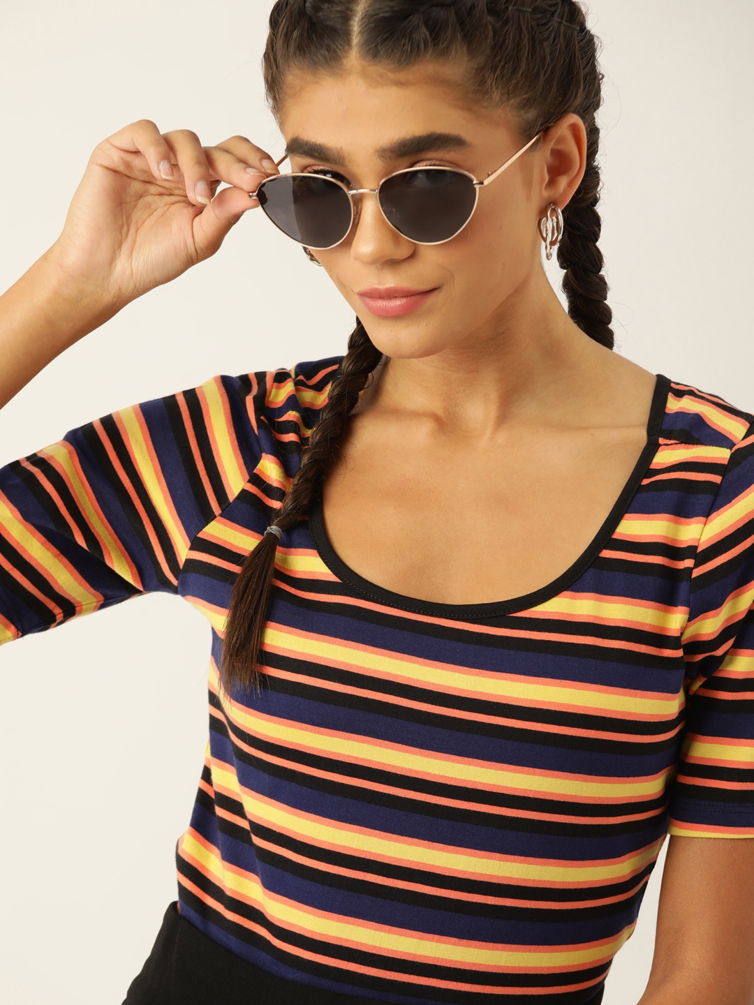 

DressBerry Navy Blue & Yellow Pure Cotton Striped Top
