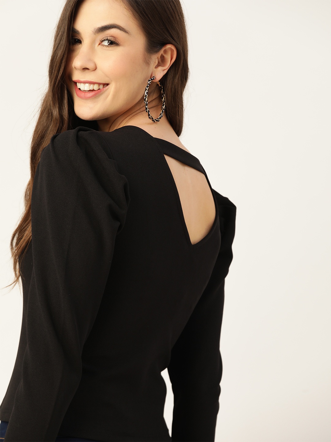 

DressBerry Black Solid Puff Sleeve Regular Top