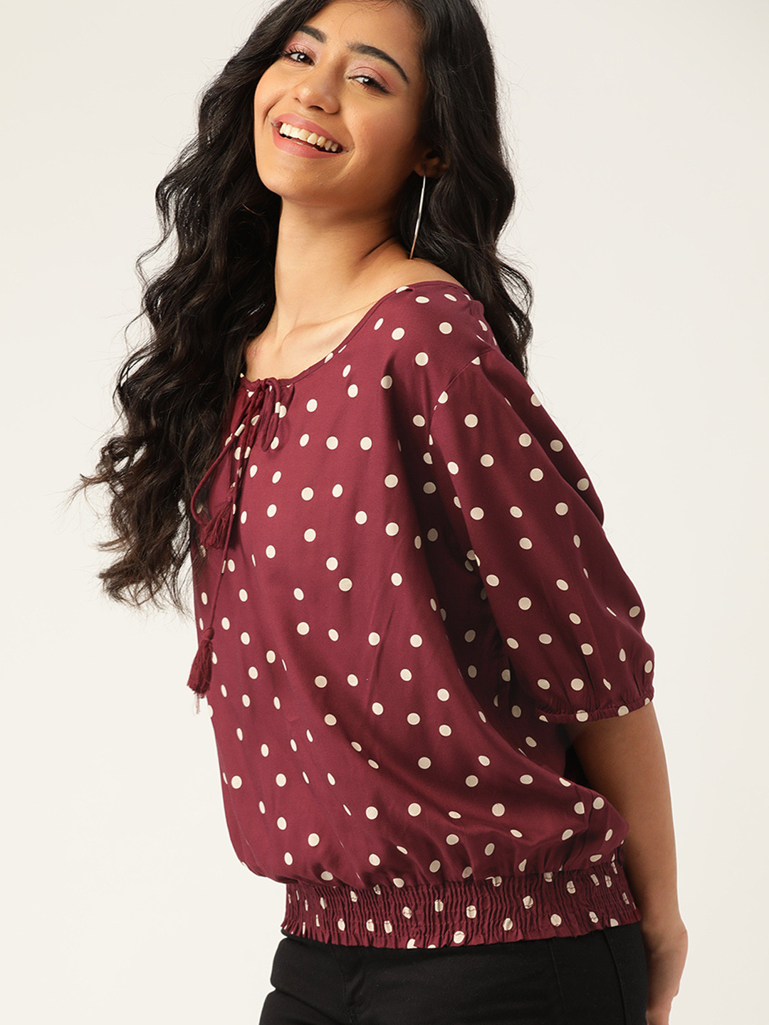 

DressBerry Maroon & Off White EcoVero Tie-Up Neck Puff Sleeve Blouson Top