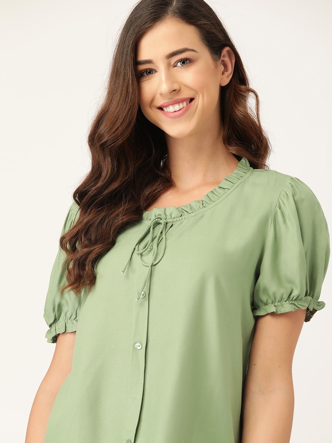

DressBerry Green Solid EcoVero Sustainable Puff Sleeve Regular Top