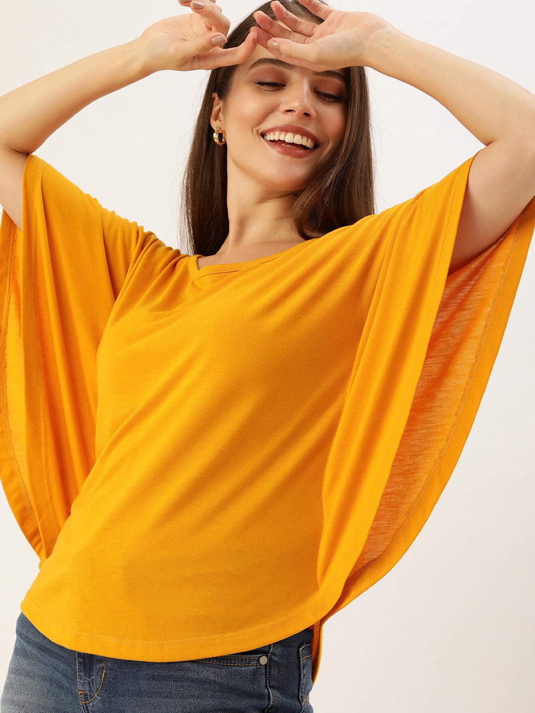 

DressBerry Women Yellow Solid Batwing Sleeve Blouson Top