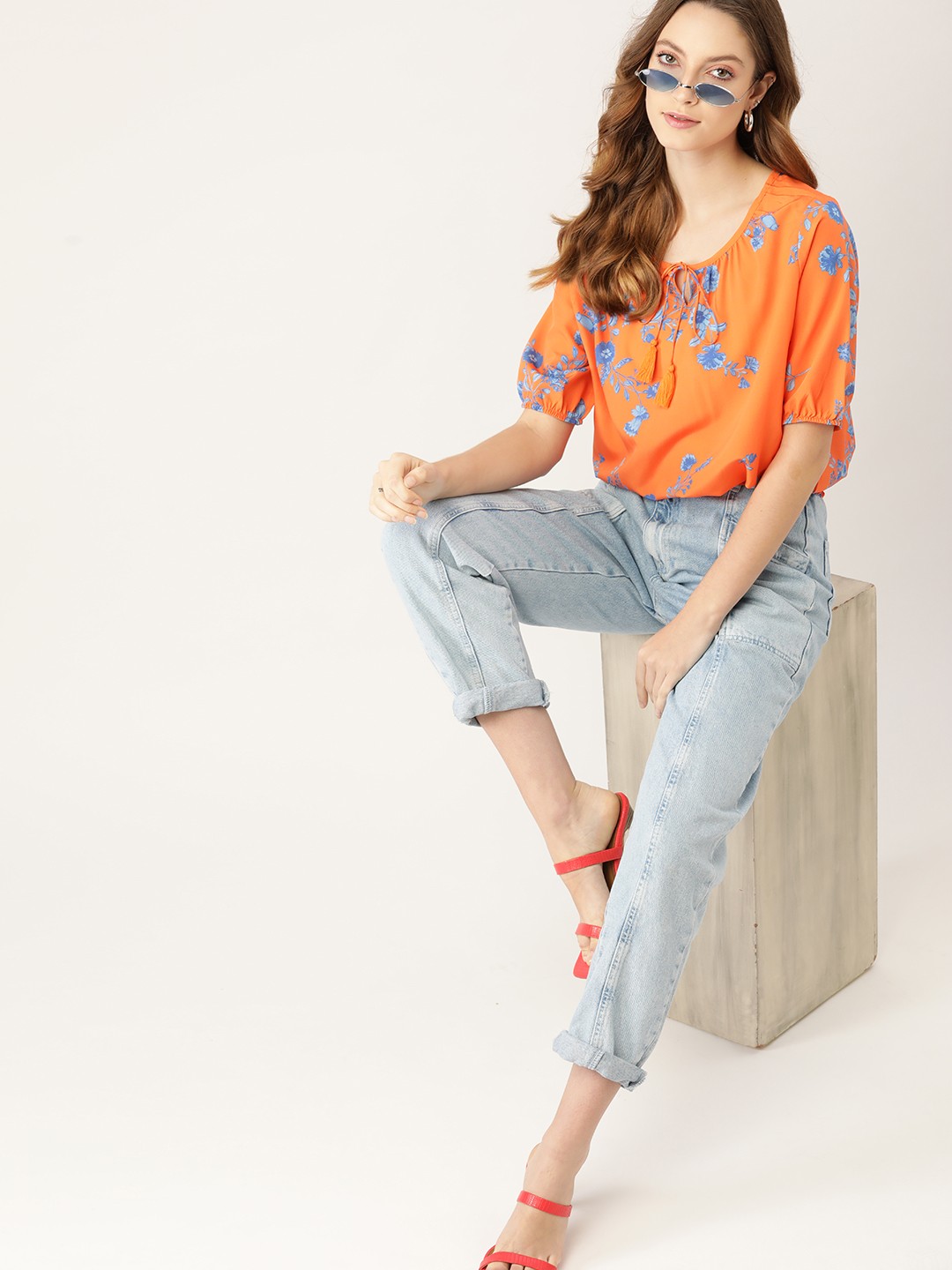 

DressBerry Orange & Blue Sustainable Recycled Poly Floral Tie-Up Neck Blouson Top