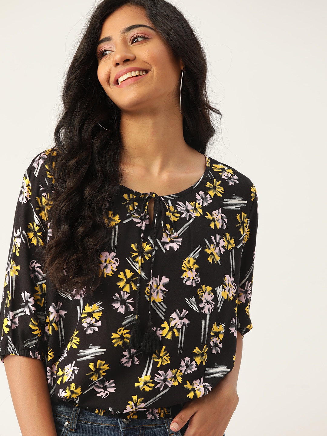 

DressBerry Black & Yellow EcoVero Floral Tie-Up Neck Puff Sleeve Blouson Top
