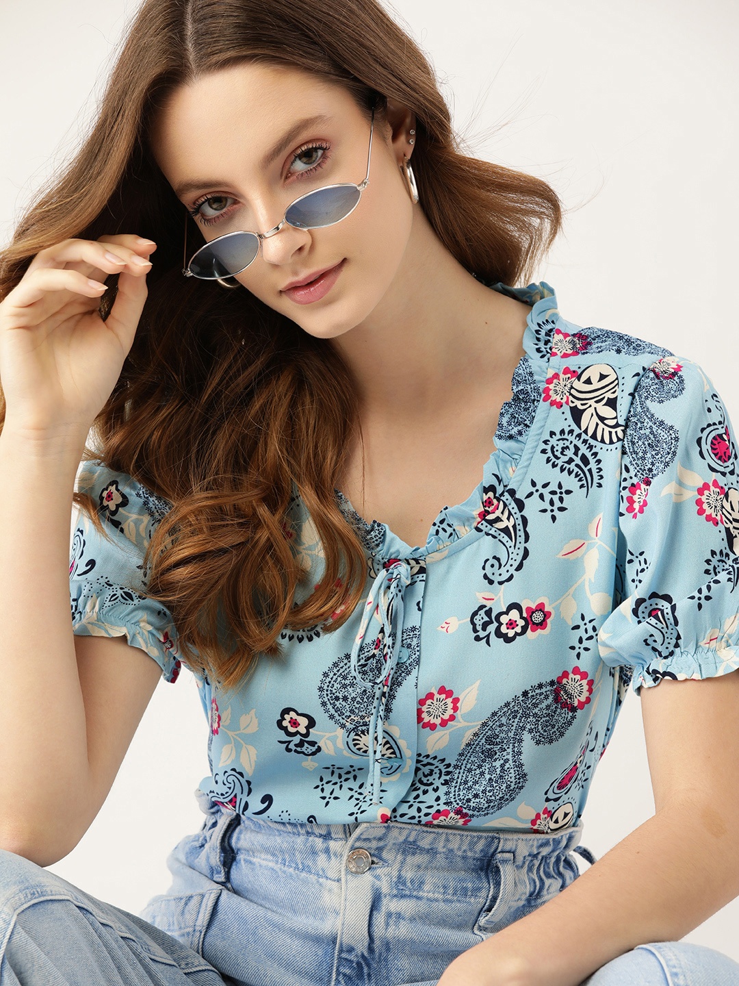 

DressBerry Blue Sustainable ECOVERO Tie-Up Neck Printed Regular Top