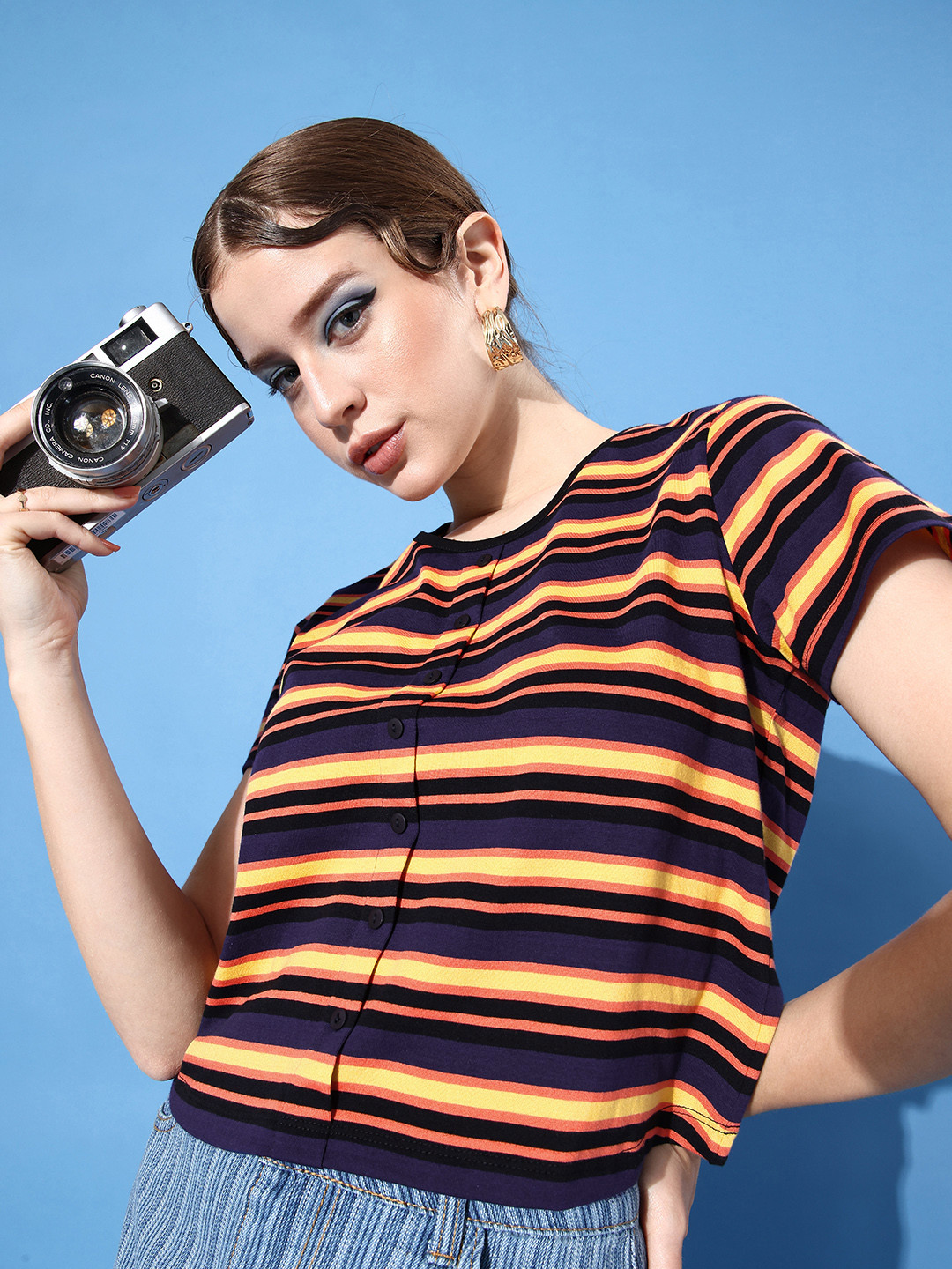 

DressBerry Women Multicoloured Striped Shirt Style Pure Cotton Crop Top, Multi