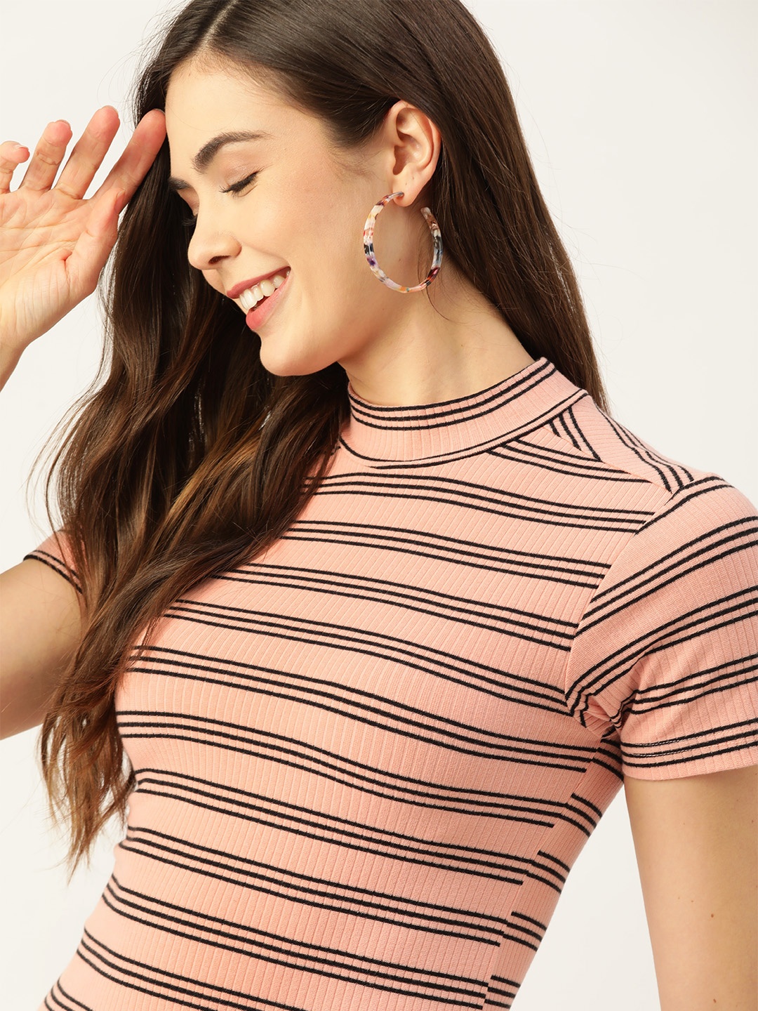 

DressBerry Pink & Black Striped Ribbed Top