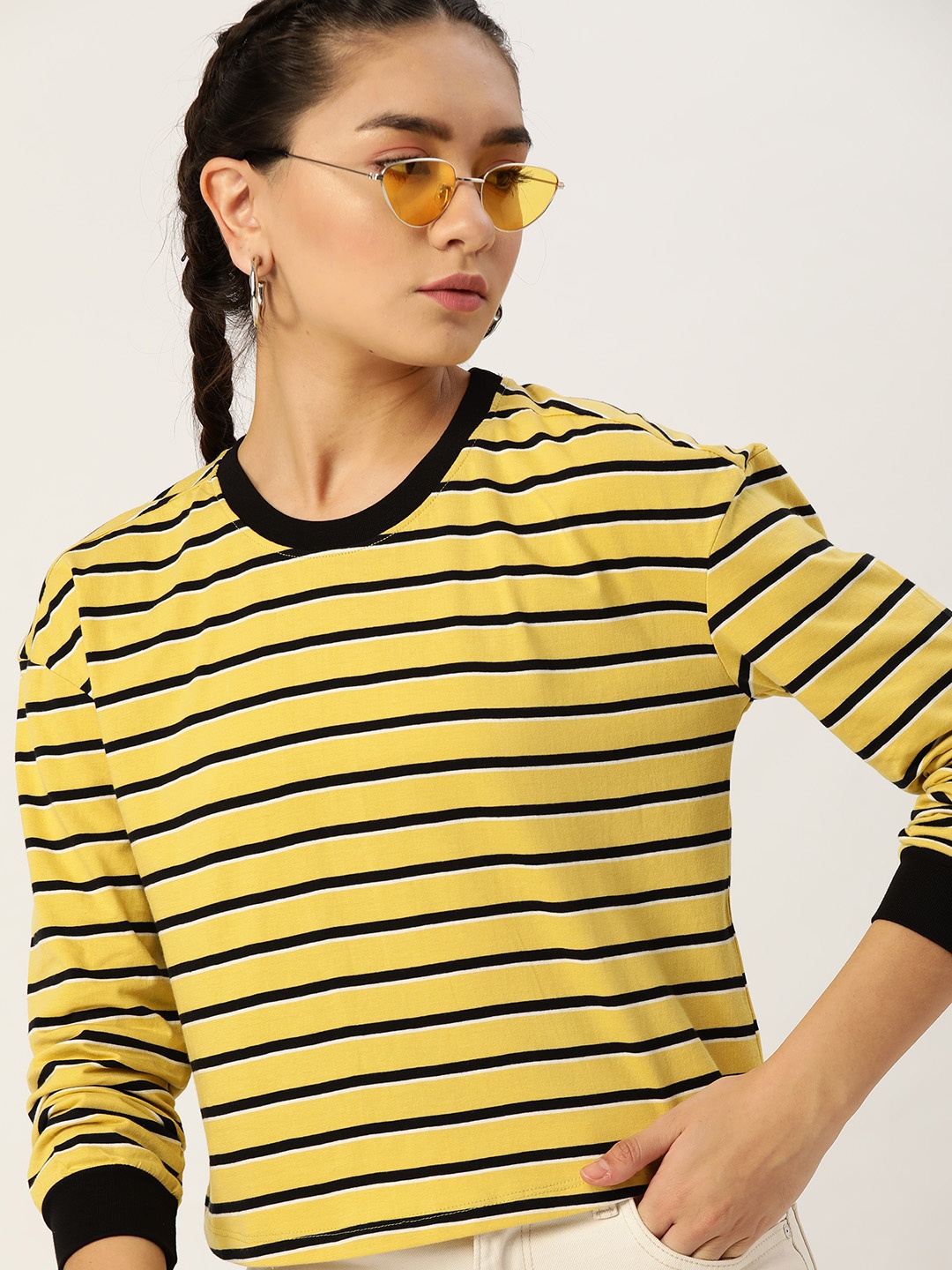 

DressBerry Women Yellow Black Pure Cotton Striped Pure Cotton T-shirt