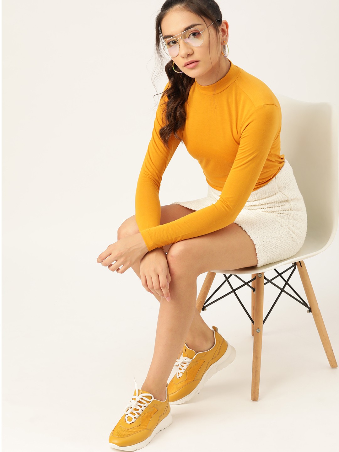 

DressBerry Mustard Yellow Solid High-Neck Top