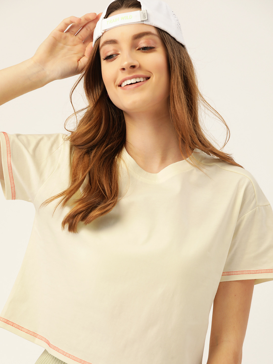 

DressBerry Women Cream-Coloured Solid Boxy Pure Cotton T-shirt