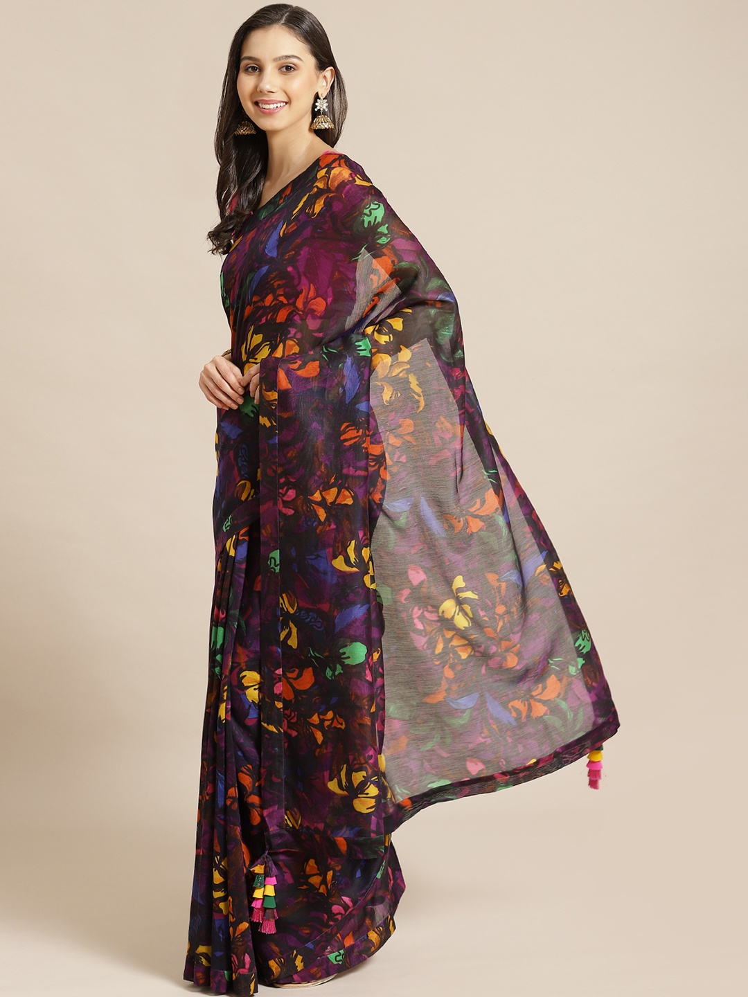 

Masaba Purple & Yellow Pure Cotton Ethnic Motifs Print Designer Chanderi Saree