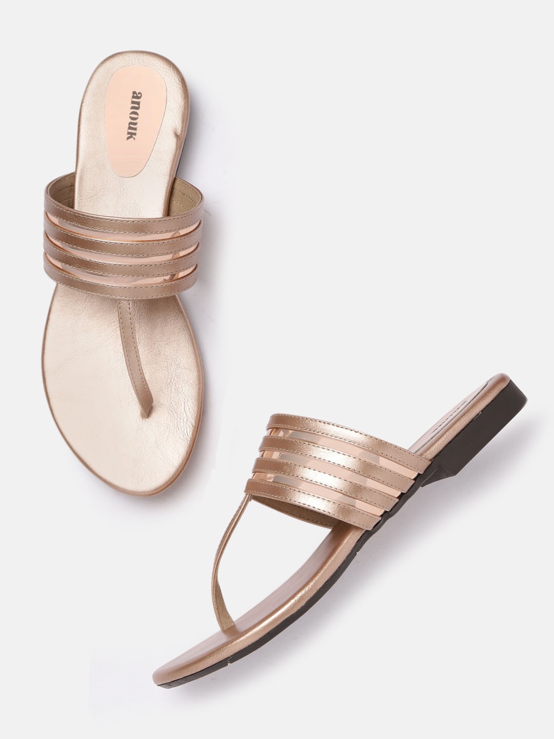 

Anouk Women Rose Gold-Toned Striped Open Toe T-Strap Flats