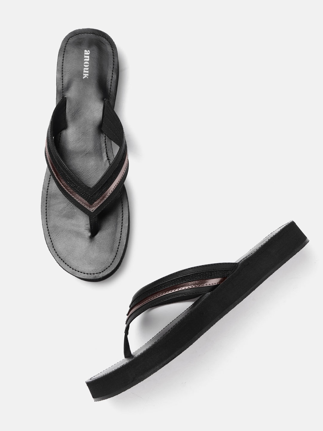 

Anouk Women Black & Gun-Metal Toned Striped Open Toe Flats