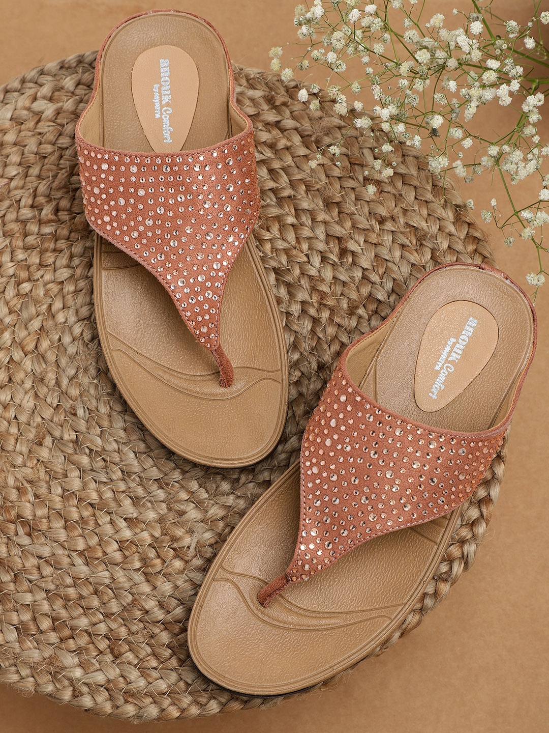 

Anouk Women Nude-Coloured Stone Embellished Open Toe Flats