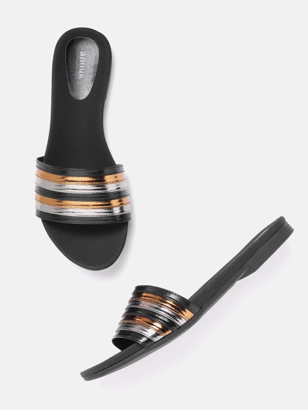 

Anouk Women Silver-Toned & Black Striped Open Toe Flats