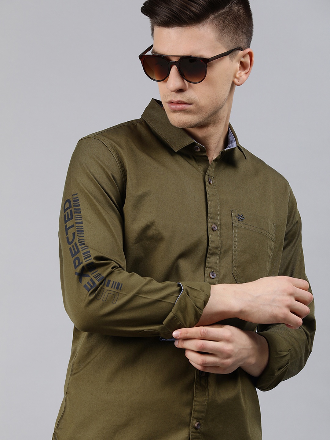 

WROGN Men Olive Green Slim Fit Casual Shirt with Printed Sleeves