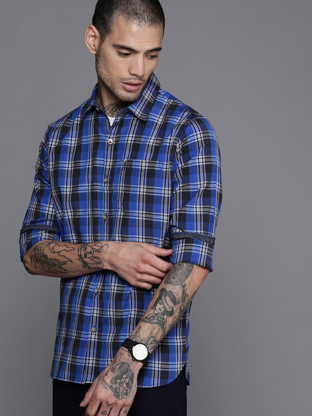 

WROGN Men Blue Slim Fit Tartan Checked Casual Shirt