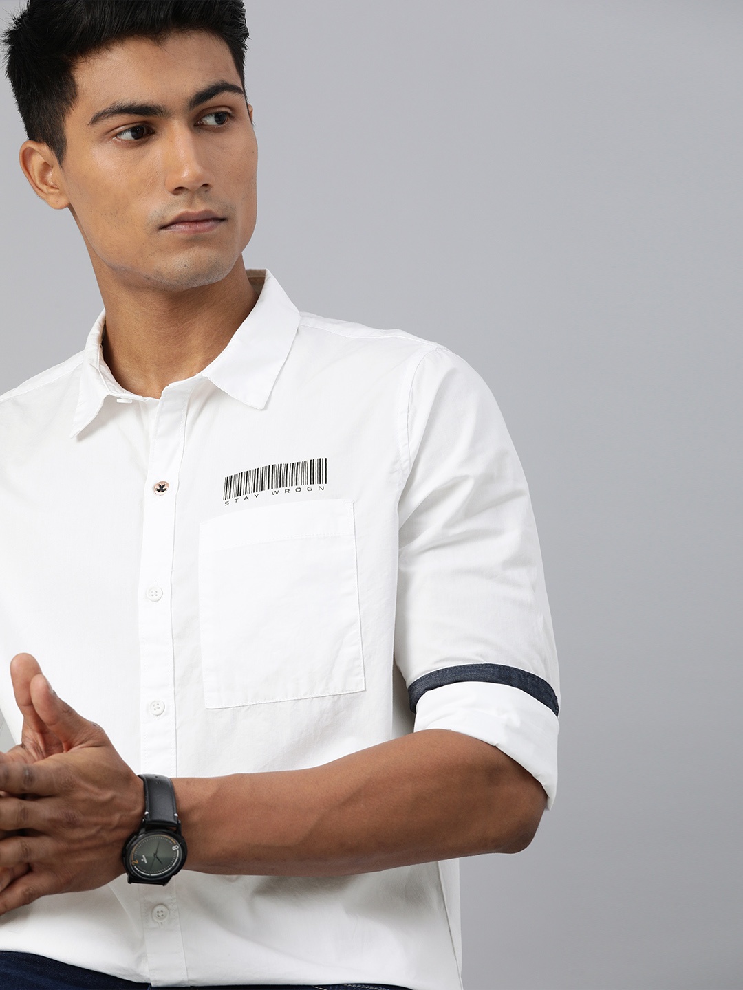 

WROGN Men White Slim Fit Solid Casual Shirt with Printed Detailing
