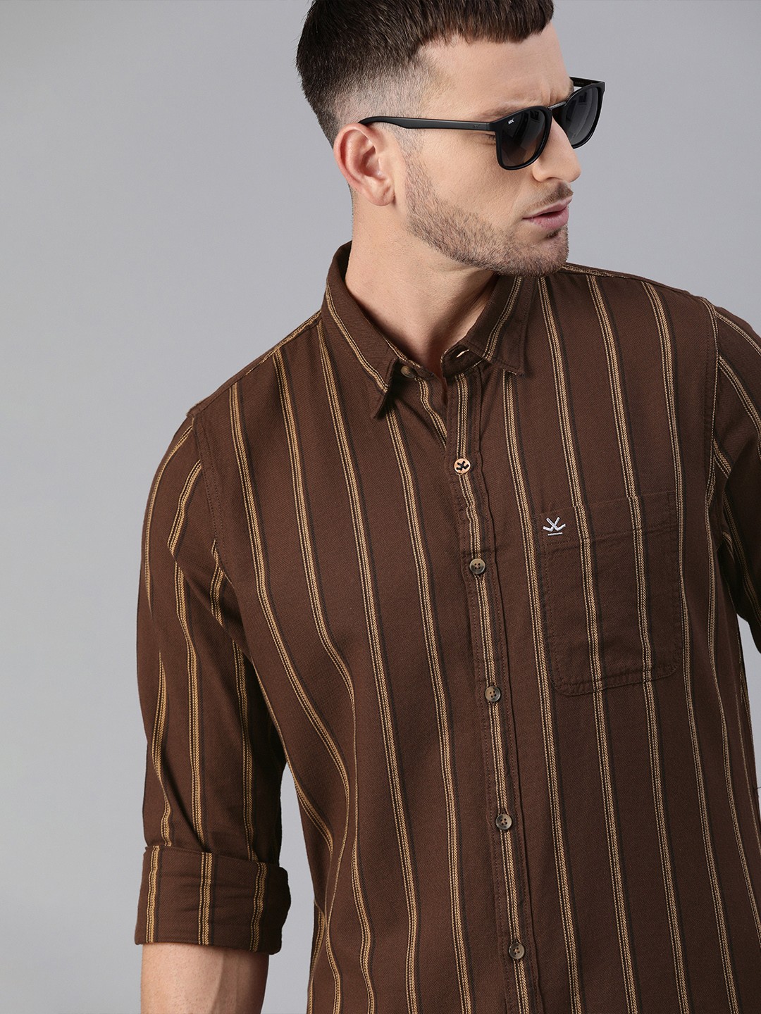

WROGN Men Brown & Yellow Slim Fit Striped Casual Shirt
