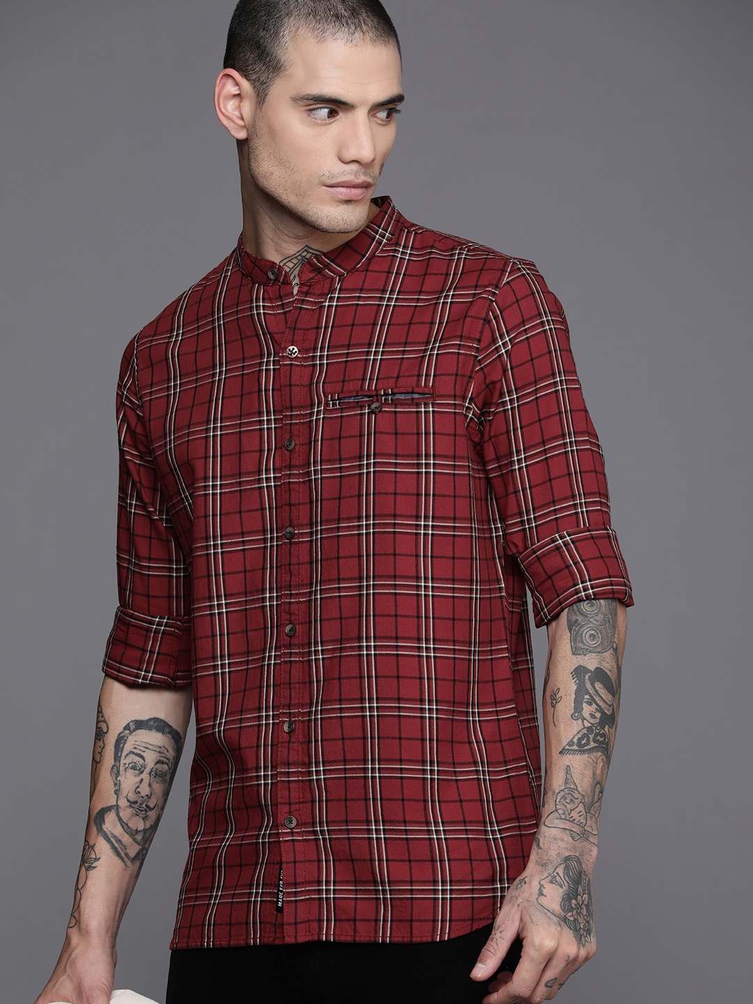 

WROGN Men Maroon & Beige Slim Fit Tartan Checked Casual Shirt