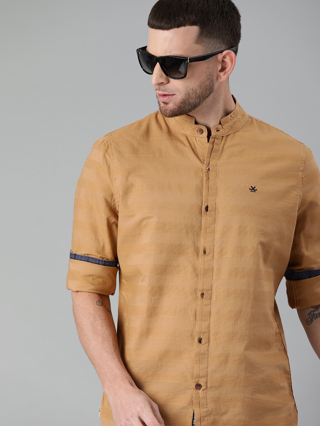 

WROGN Men Camel Brown Slim Fit Self Striped Casual Shirt