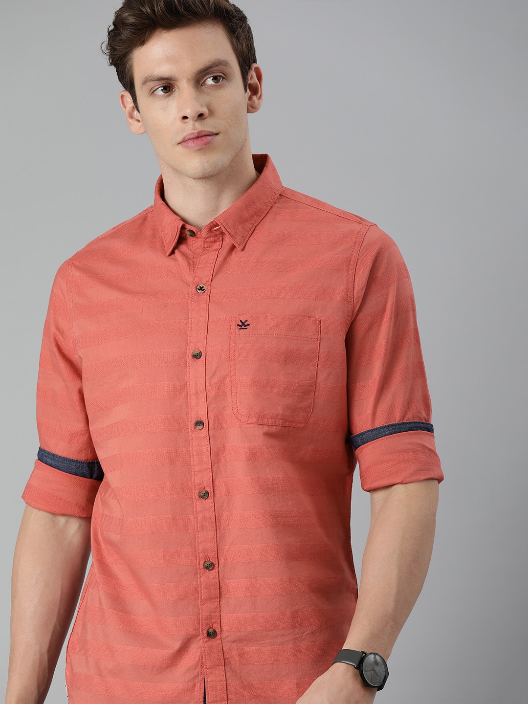 

WROGN Men Coral Pink Slim Fit Self Striped Casual Shirt