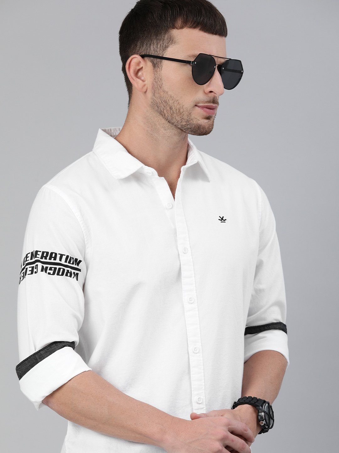 

WROGN Men White Slim Fit Solid Casual Shirt With Printed Detailing