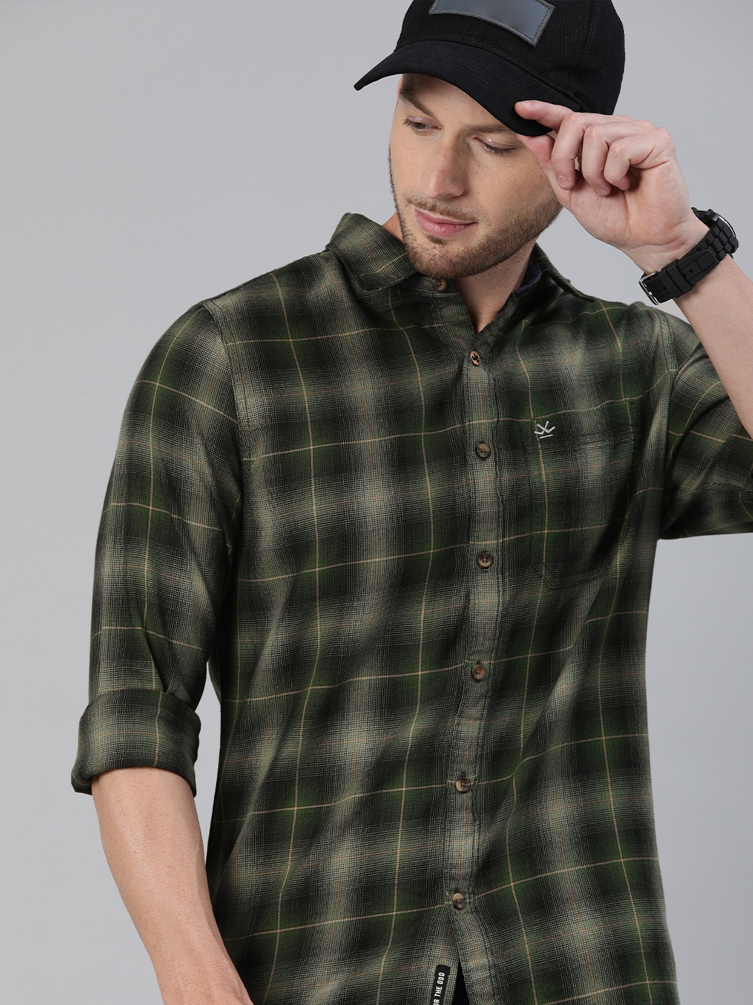 

WROGN Men Olive Green & Off-White Slim Fit Checked Casual Shirt