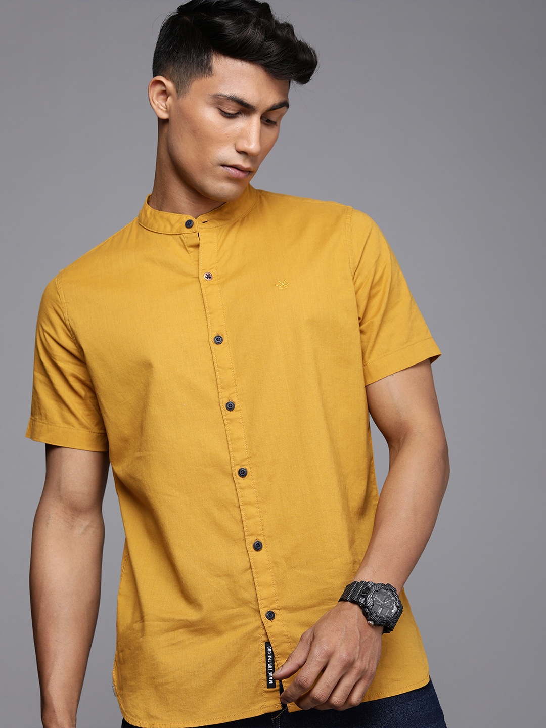 

WROGN Men Mustard Solid Mandarin Collar Slim Fit Casual Shirt