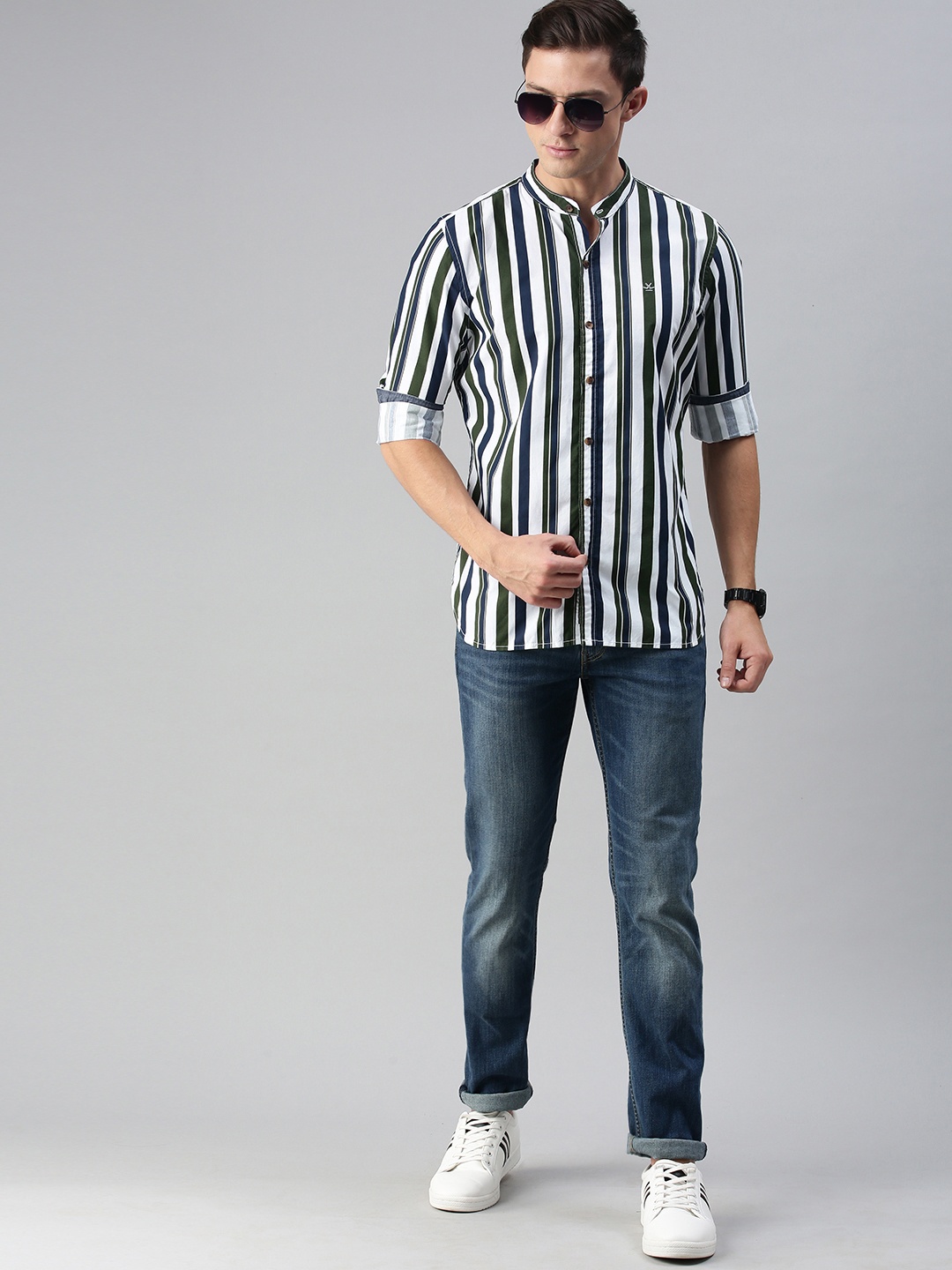 

WROGN Men Navy Blue & White Striped Casual Shirt
