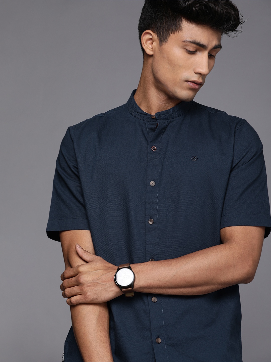 

WROGN Men Navy Blue Slim Fit Solid Opaque Casual Shirt