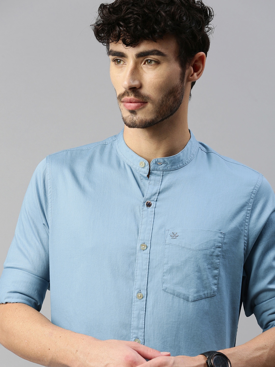 

WROGN Men Blue Slim Fit Solid Pure Cotton Casual Shirt