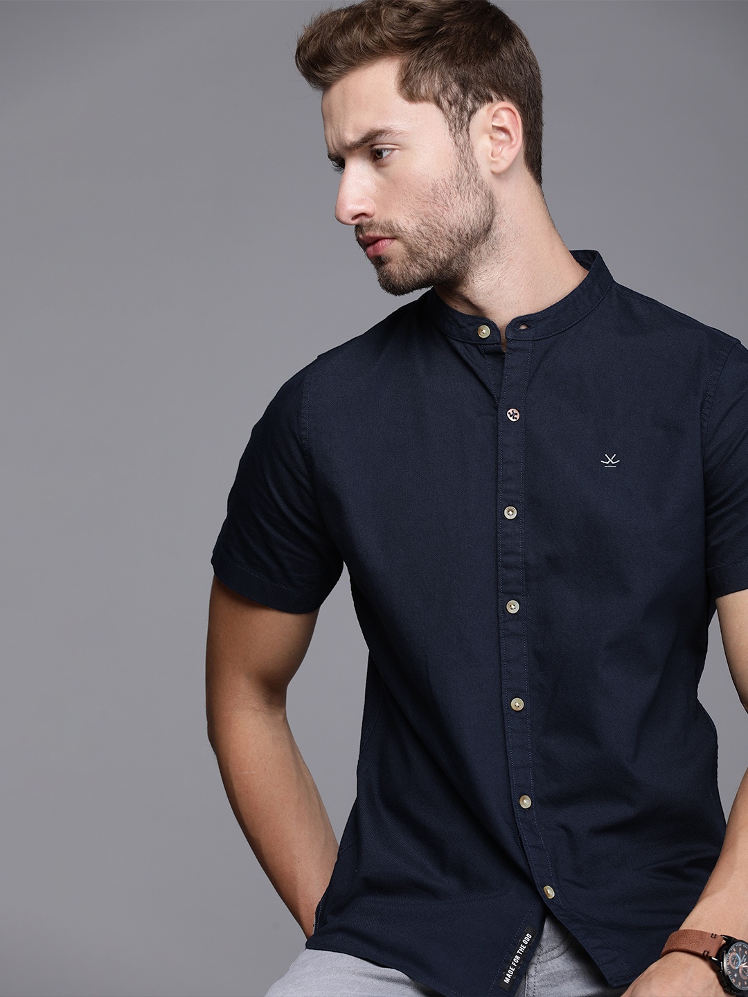 

WROGN Men Navy Blue Solid Slim Fit Pure Cotton Casual Shirt