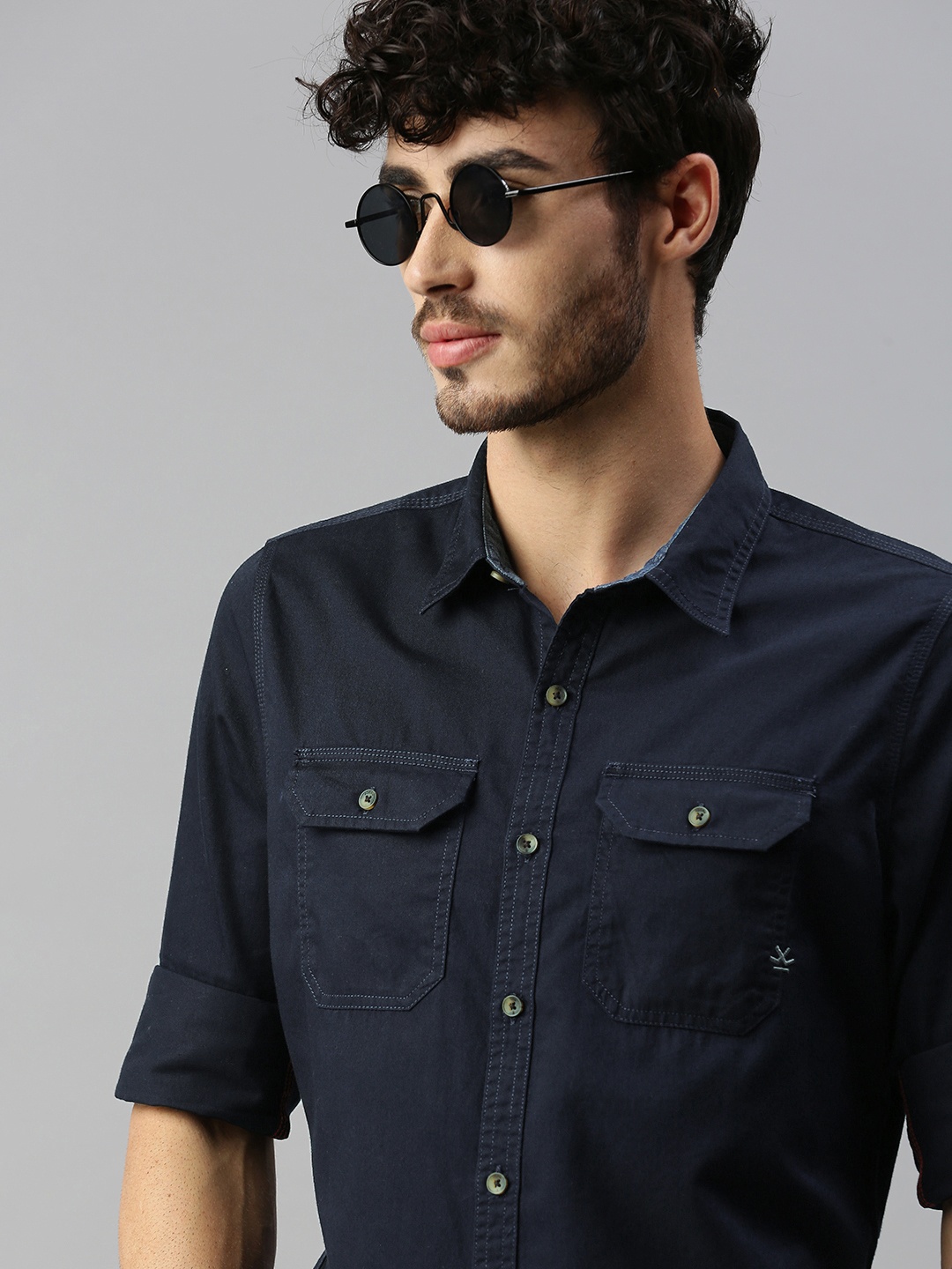 

WROGN Men Navy Blue Slim Fit Solid Pure Cotton Casual Shirt