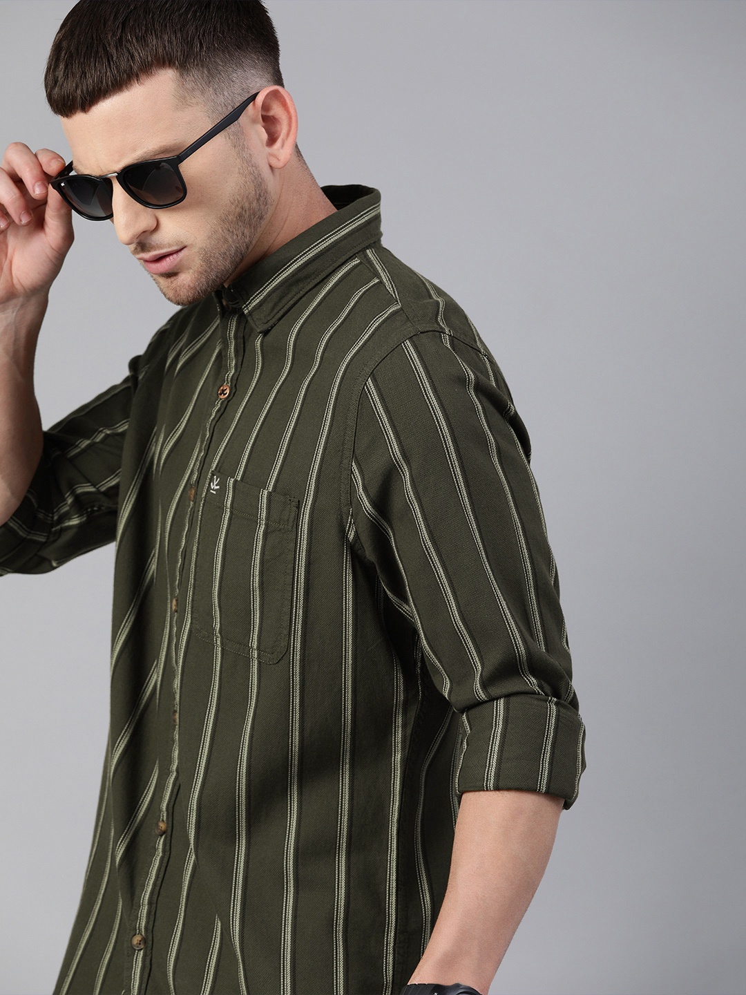 

WROGN Men Olive Green & Grey Slim Fit Striped Casual Shirt