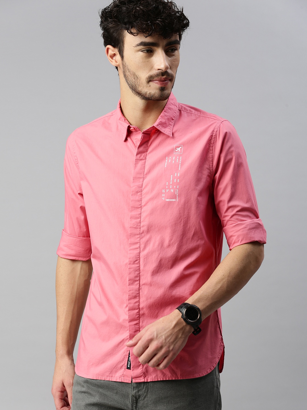 

WROGN Men Pink Slim Fit Placement Printed Pure Cotton Casual Shirt