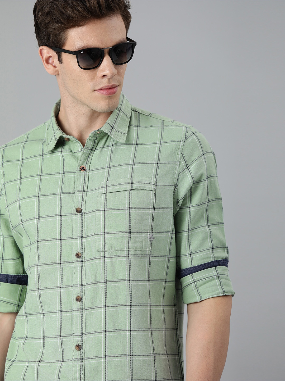 

WROGN Men Green & White Slim Fit Checked Casual Shirt