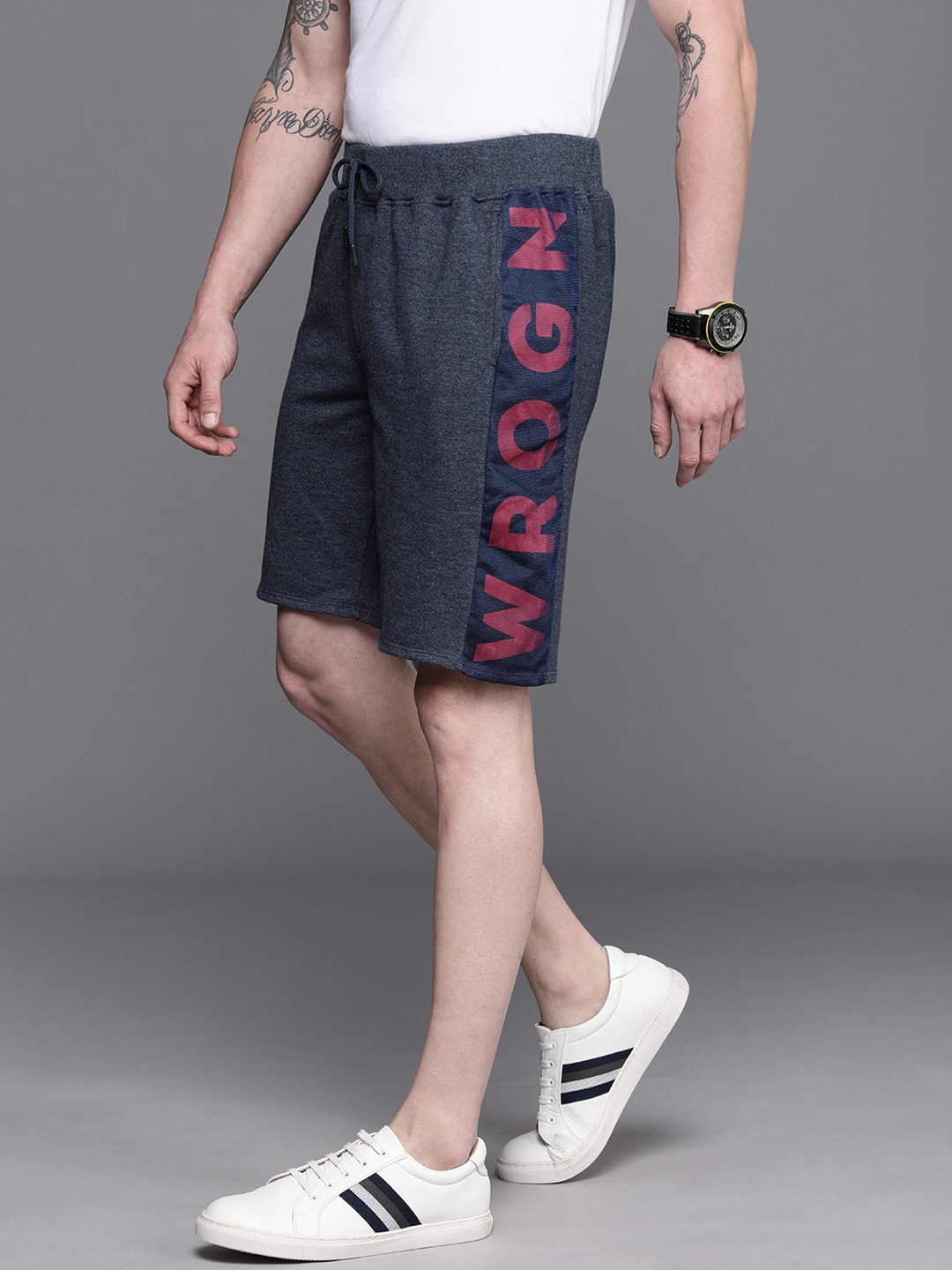 

WROGN Men Navy Blue Brand Logo Printed Slim Fit Regular Shorts
