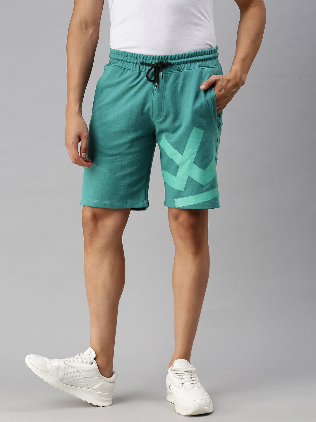 

WROGN Men Teal Green Brand Logo Printed Mid-Rise Regular Shorts